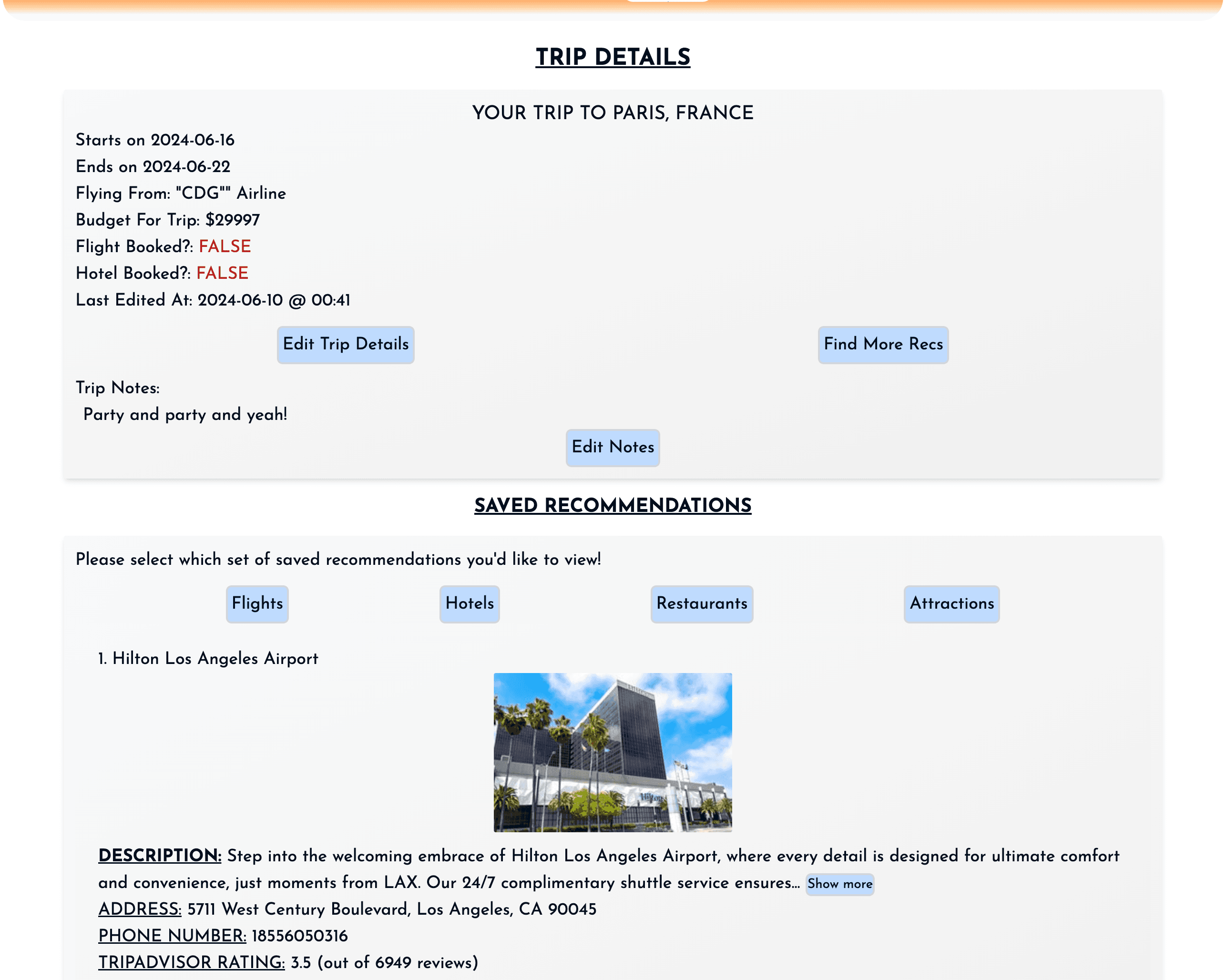 Feature where users can edit and view details of their upcoming trip.